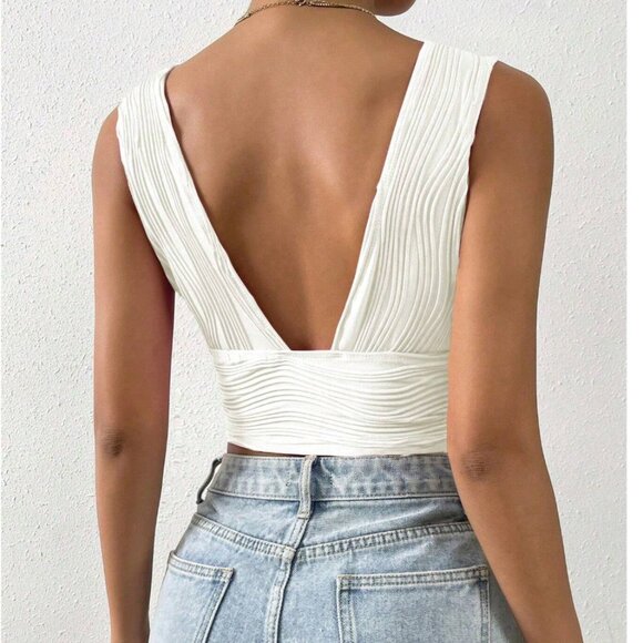 Plunging Neck Crop Tank Top White - Picture 2 of 7